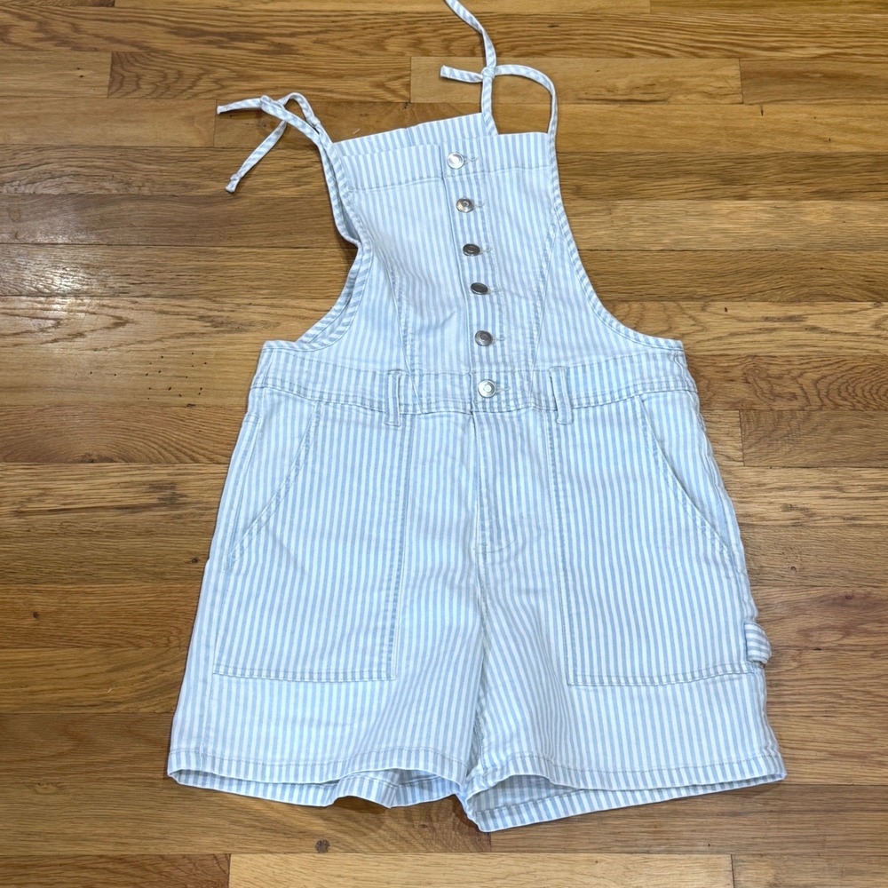 Celebrity Pink Striped Denim Shortalls Blue White Button Front Size 7-9